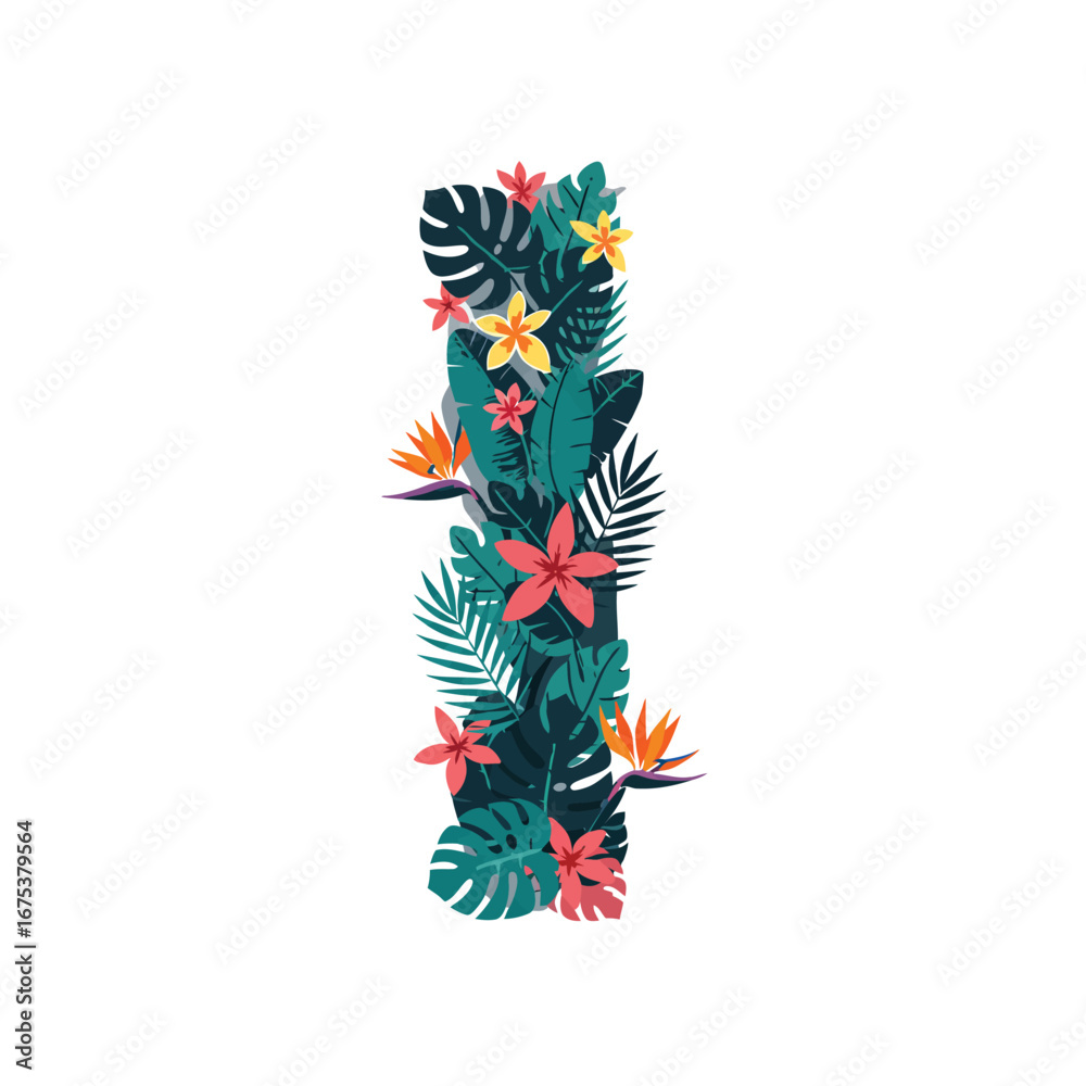 Obraz premium Letter I font made of tropical monstera leaves, palm fronds, and exotic flowers.
