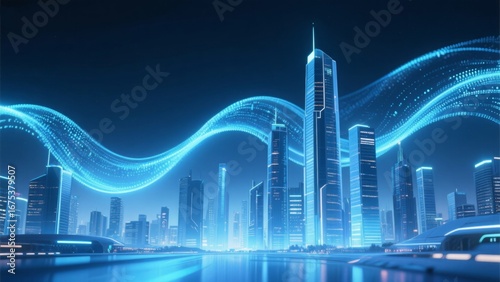 Futuristic city with digital wave