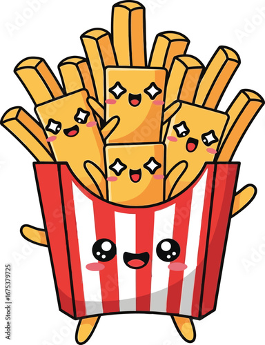 Adorable kawaii french fries in a smiling carton.