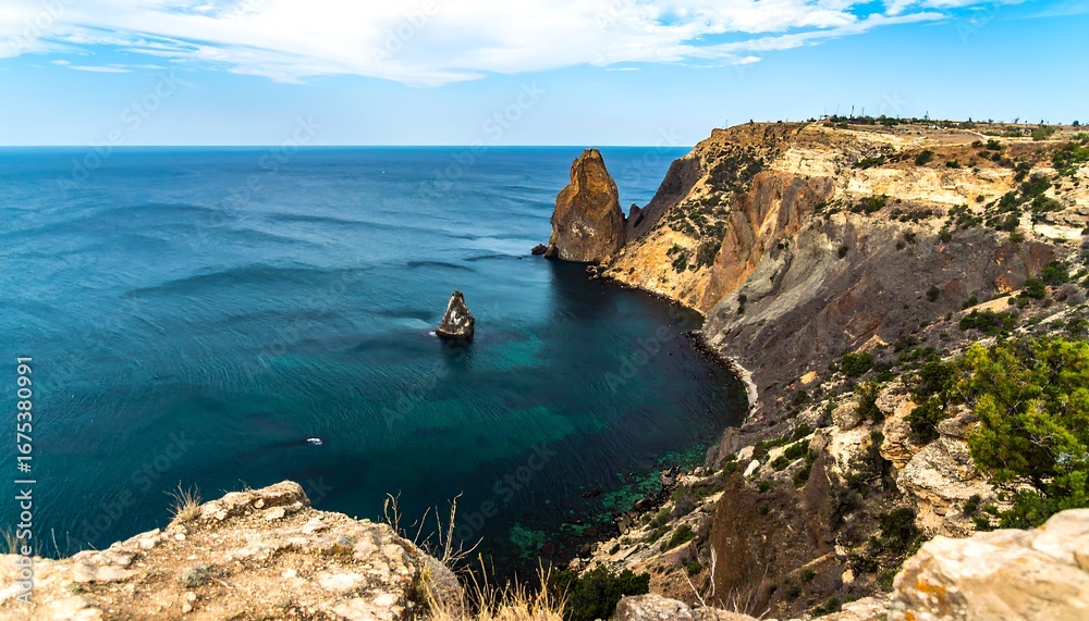 Fototapeta premium Stunning coastal landscape with dramatic cliffs and turquoise waters.