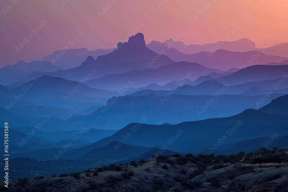 Obraz premium Misty mountain range at sunset, layered in soft hues