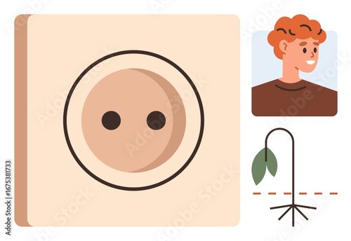 Person with a cheerful expression, a power outlet symbol, and a drooping plant. Ideal for energy, health, sustainability, exhaustion, motivation environmental care and lifestyle concepts. A simple