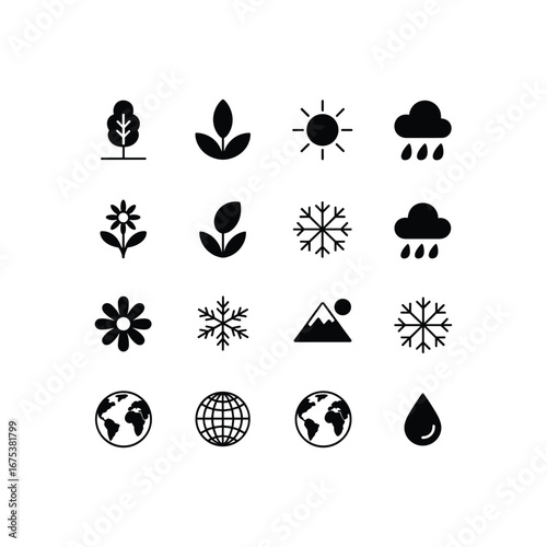 Collection of nature and weather icons representing seasons and elements