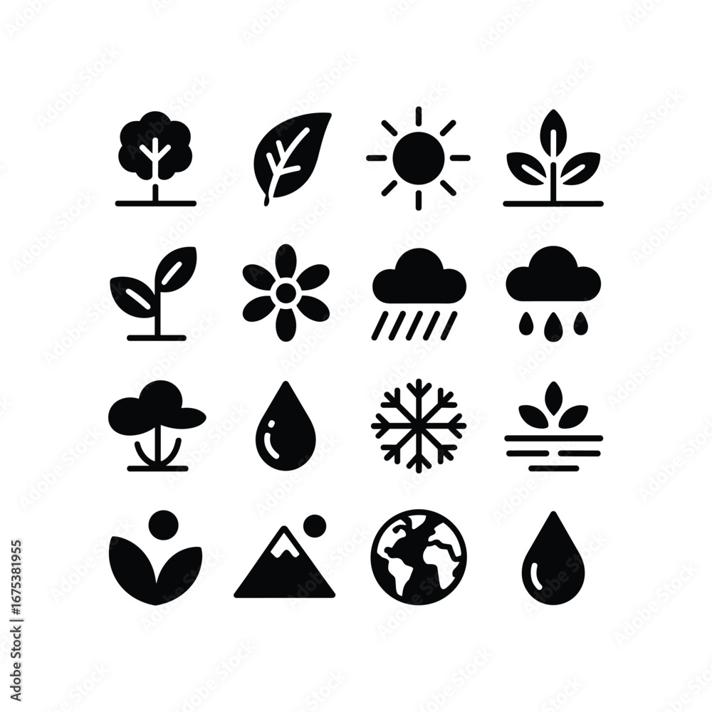 Fototapeta premium Collection of nature and weather icons representing trees plants sun rain snow and earth elements