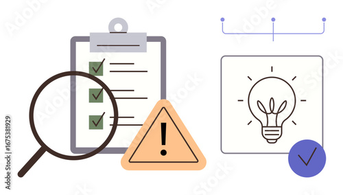 Clipboard with checklist, magnifying glass, triangular warning sign, lightbulb, and checkmark. Ideal for productivity, analysis, decision-making, problem-solving innovation planning quality