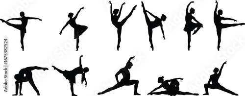 Vector illustration of ballet dancer silhouettes in elegant poses, performing dance movements, artistic performance concept, flexibility and choreography design artwork
