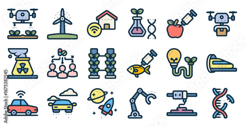 Future technology icon set related to innovation, automation, AI, IOT, smart farming, renewable energy, and others. vector illustration with lineal color style