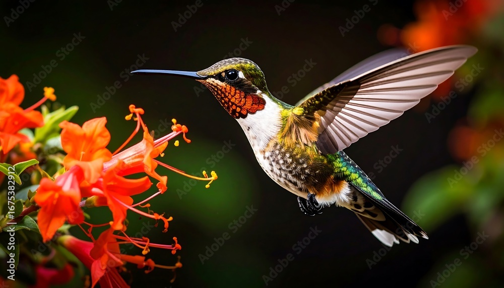 Fototapeta premium Hummingbird in flight near vibrant flowers
