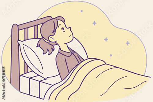 Girl lying in bed, not sleeping, thinking and turning her head