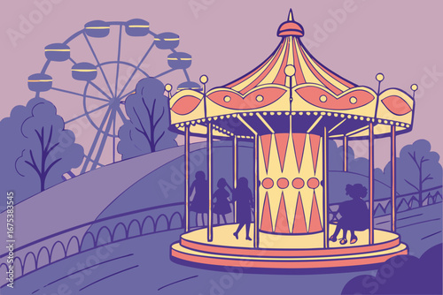 Maslenitsa carousel sparkling at dusk in amusement park, festive joy