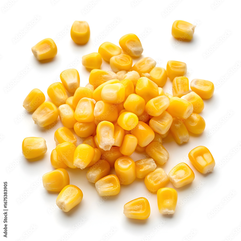 Fototapeta premium Golden corn kernels scattered on a white background, showcasing their plump texture,