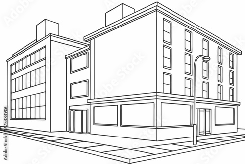 Street corner with a large billboard on the side of a building, monochrome line-art illustration style.