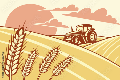Tractor harvesting wheat under the setting sun, vintage vector illustration style.