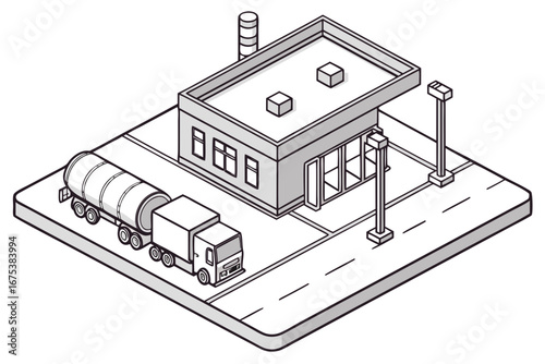 Truck fueling station at a logistics hub, modern isometric flat illustration style.