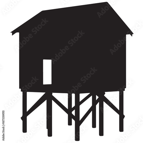 Black Silhouette of a Stilt House on White Background