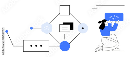 Female coder working with a flowchart of shapes, lines, and code icons representing workflow and development. Ideal for coding, teamwork, analytics, instruction, process mapping, organization or