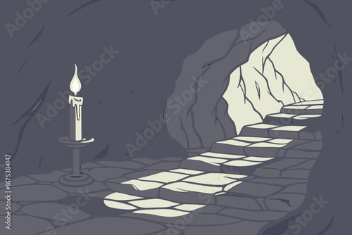 Candle illuminating dark cave interior with rocky walls