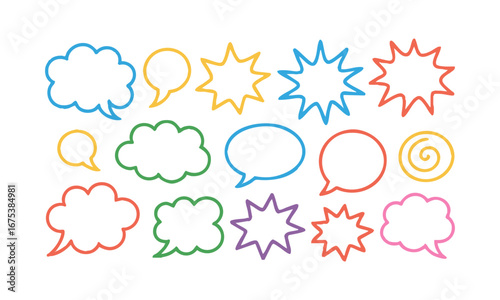 Colorful Crayon Drawn Speech Balloons Vector Illustration Set Hand Drawn Doodle Style Thought Bubbles and Comic Elements, easily editable and scalable.