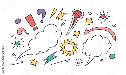 Colorful Crayon Drawn Speech Balloons Vector Illustration Set Hand Drawn Doodle Style Thought Bubbles and Comic Elements, easily editable and scalable.