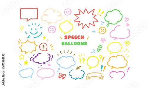 Colorful Crayon Drawn Speech Balloons Vector Illustration Set Hand Drawn Doodle Style Thought Bubbles and Comic Elements, easily editable and scalable.