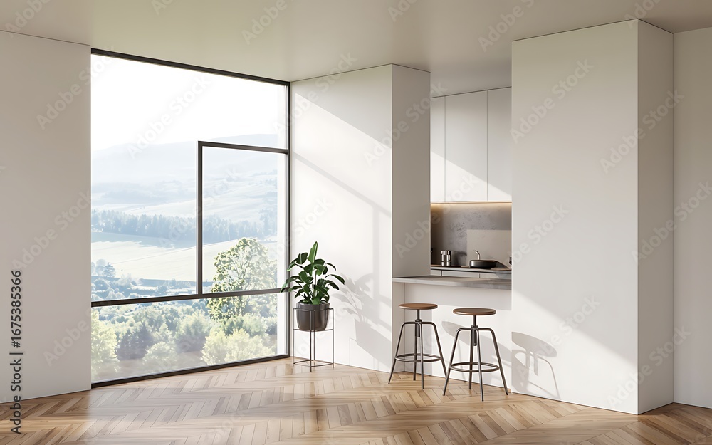 Fototapeta premium Modern interior with large window and view