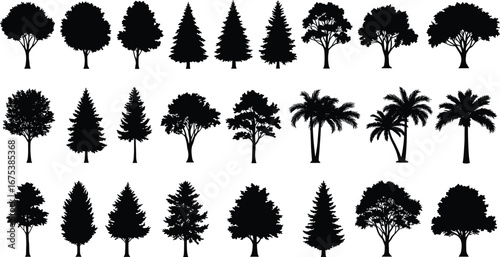Vector illustration collection of tree silhouettes including pine, palm, oak and forest trees, nature elements for outdoor landscape artwork design