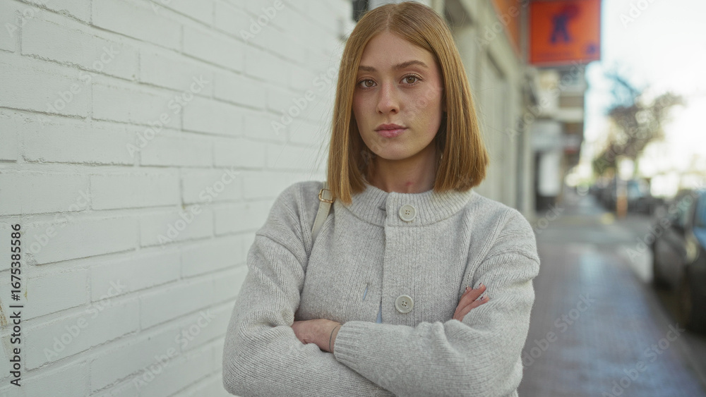Fototapeta premium Woman with blonde hair standing confidently in an urban street setting, wearing a grey coat, with a modern, urban cityscape in the background, exuding calm and assurance.
