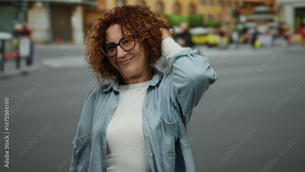 Fototapeta premium Woman smiling on a busy city street with blurred background, wearing glasses and casual attire, exuding joyful confidence in an urban outdoor setting.
