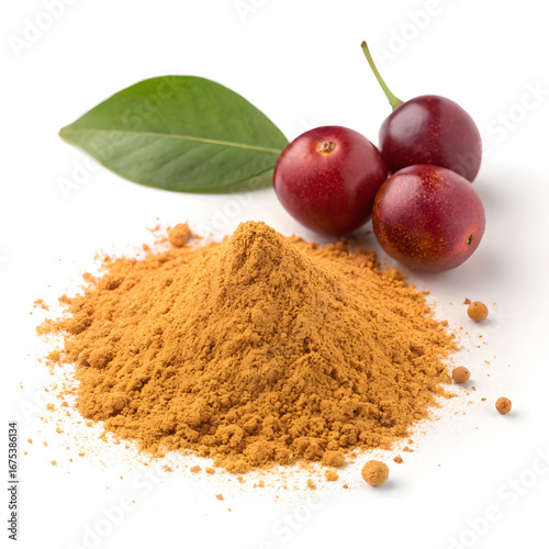 Light beige camu camu powder sits isolated on a white background, highlighting its fine texture