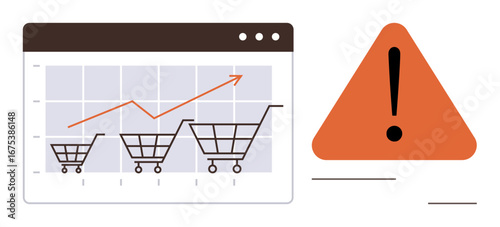 Shopping carts on a graph indicating growth, ascending arrow, orange alert triangle nearby. Ideal for e-commerce, retail analysis, market trends, risk management, warnings, business forecasts simple
