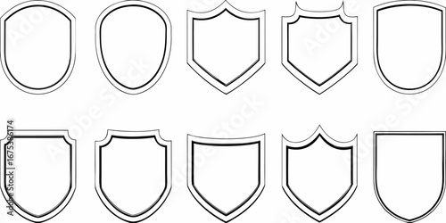 Collection of ten different shield shapes with black outlines and white backgrounds for design elements