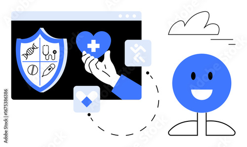Shield with medical icons, hand holding heart, and happy figure representing health, protection, and technology. Ideal for healthcare, wellness, digital solutions, safety medical innovation