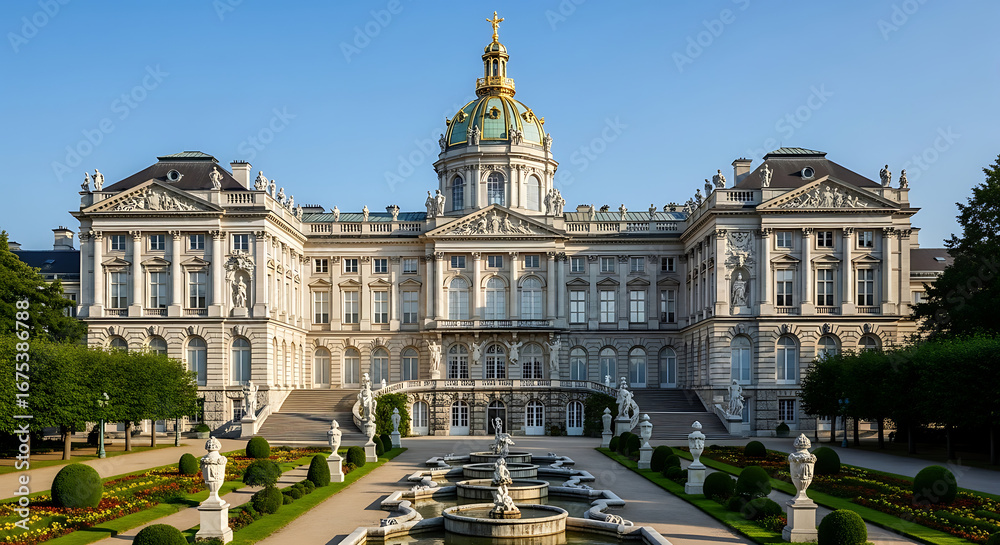 Obraz premium Grand Baroque Palace Exterior: Sunny Day, Formal Gardens, Statues, Fountains, Architectural Detail.