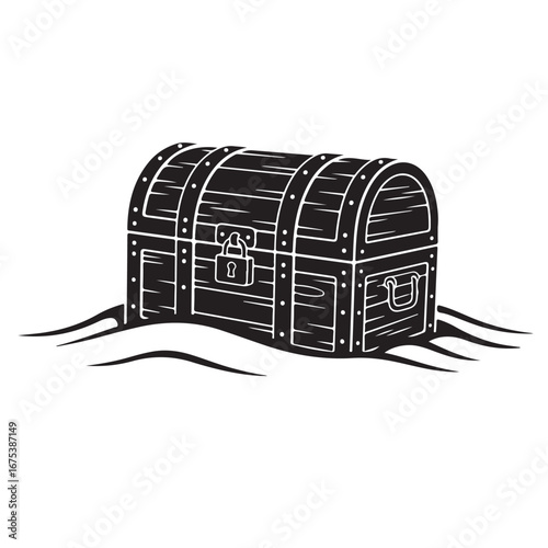 Locked Pirate Treasure Chest Illustration on Wavy Ground