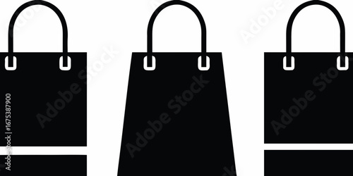 Three minimalist black shopping bag icons with handles and a white stripe at the bottom