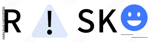 Bold RISK text with a warning triangle substituting the I and a blue happy face in place of O. Ideal for safety, decision-making, risk assessment, balance, communication, alerts, simple landing page