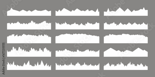 Collection of abstract white jagged horizontal borders and decorative graphic elements on a gray background