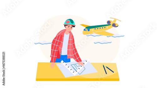 Young Engineer Designing an Aircraft with Blueprint and Creative Concepts