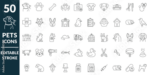  pets care icons bundle, editable line art symbols for animals grooming, pets outline stroke icon set
