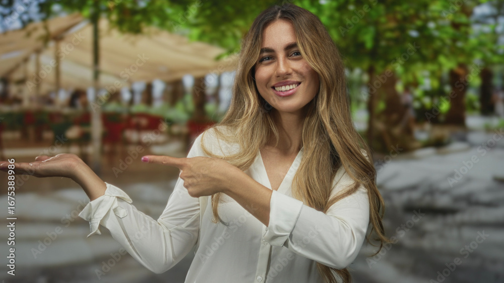 Fototapeta premium Blonde woman with outstretched hand and finger pointing to palm at outdoor cafe patio; invitation welcome hospitality offer.