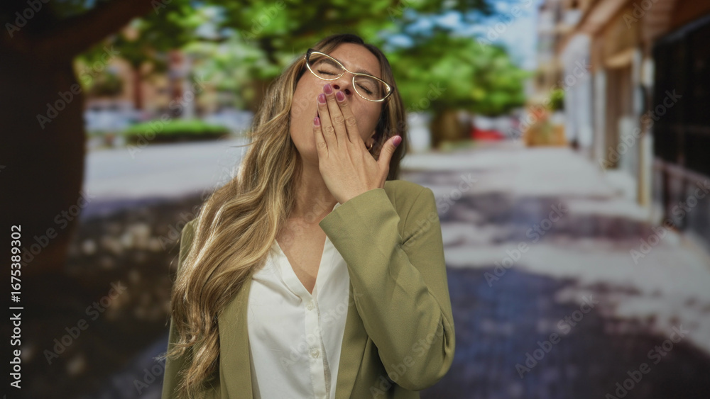 Fototapeta premium Woman with glasses in business suit yawns covering mouth on a downtown street; morning fatigue routine.