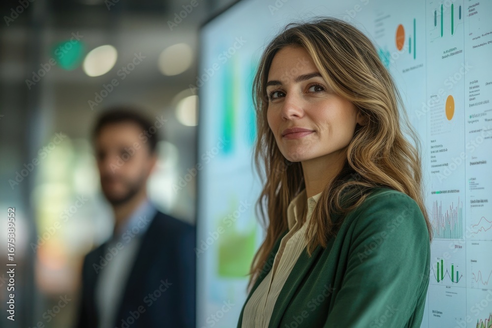 Fototapeta premium Confident businesswoman standing near a board with charts and graphs, showcasing business success and data analysis.