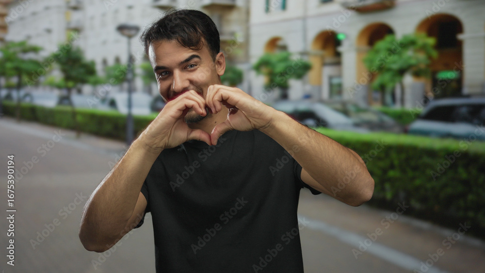 Fototapeta premium Young man making heart shape with hands on city street, smiling brightly, surrounded by urban buildings and greenery, depicting a joyful outdoor moment.