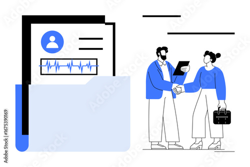 HR professionals shaking hands, candidate profile with personal details and analytics. Ideal for recruitment, hiring, employment, job search, HR strategy, interviews career development. Clean flat