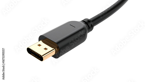 Close up of a modern sleek USB Type-C cable connector with a gold plated finish for high speed