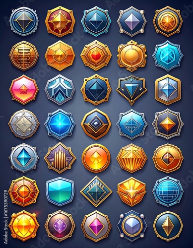 Collection of stylized game badges