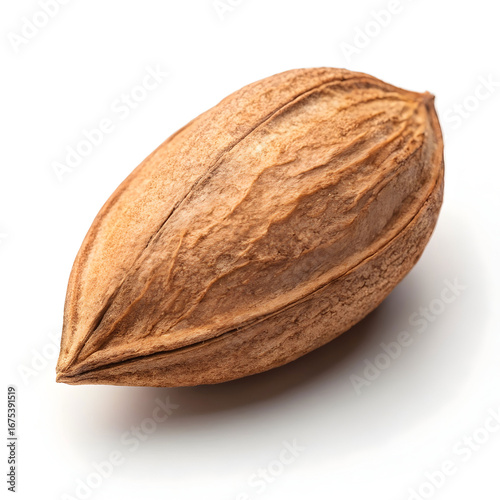 Single dried pili nut isolated on white background, highlighting its teardrop shape, smooth surface,
