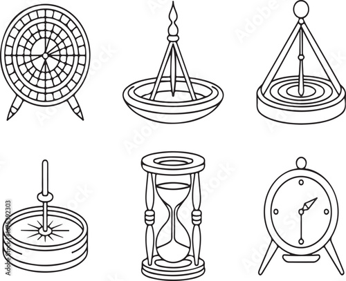 Collection of vintage timekeeping and game devices in silhouette isolated on white background