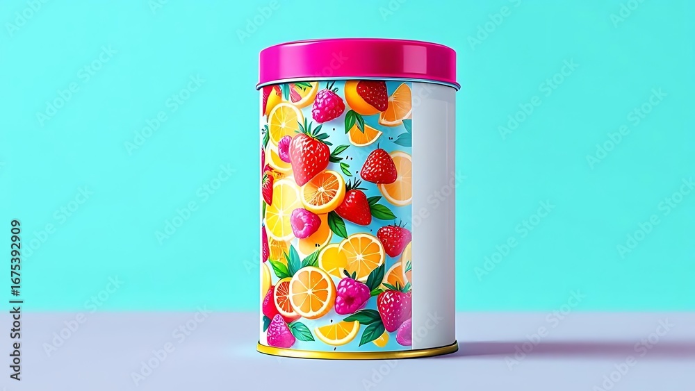 Fototapeta premium Colorful cylindrical container with a pink lid showcasing a fresh and juicy mixed fruit pattern, ideal for product packaging mockups on a blue background