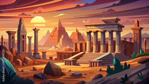Ancient Thebes with its Necropolis, Egypt
Massive temples rise against the horizon, their carved pillars and hieroglyphs glowing at sunset, revealing the eternal grandeur of Thebes and its surrounding